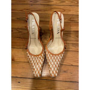 Prada Orange/Cream Basketweave Pointy Toe Slingback Heel - Size 36